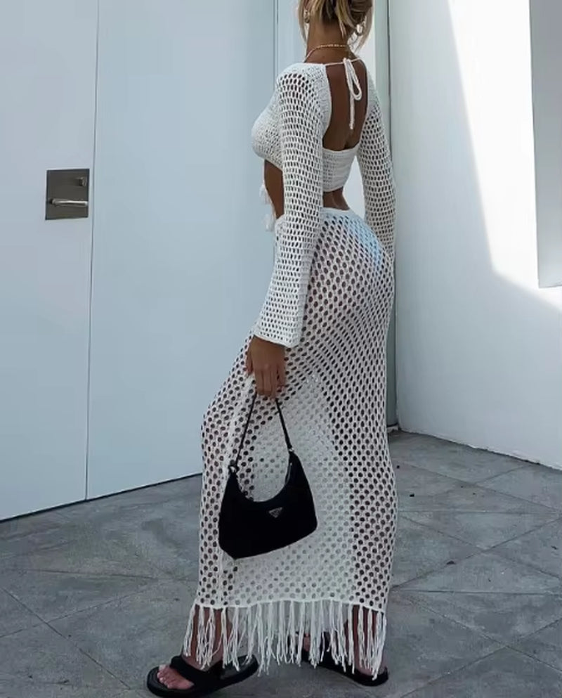 STOCK Crop Long Sleeve Tops Bandage High Waist Skirts Set Party Wear Ladies Crochet Two Piece Set Hollow Out Cover Up