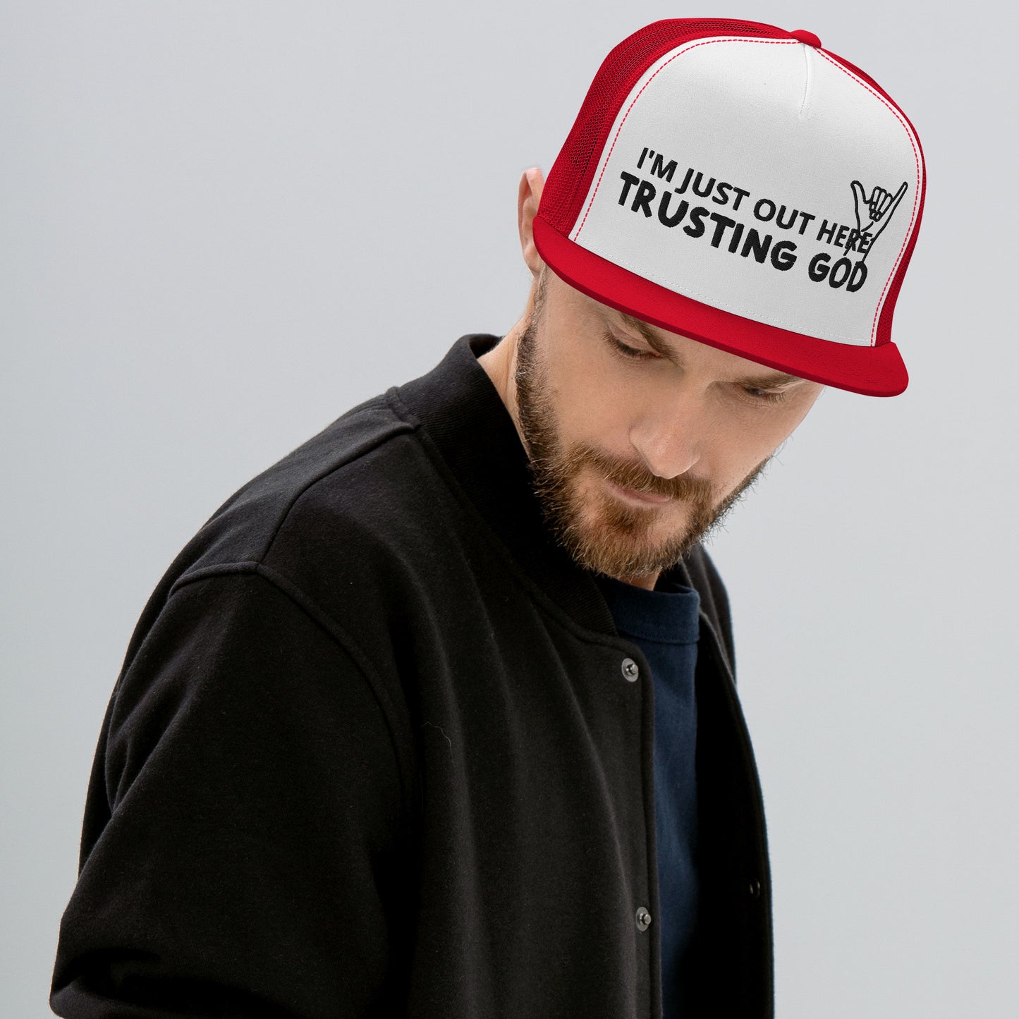 Trusting God Black Letters Trucker Cap
