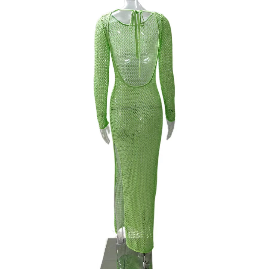 STOCK 3Colors Fishing Net Open Back Bandage Woven Full-Length Sleeve Beach Dress See through Coverup