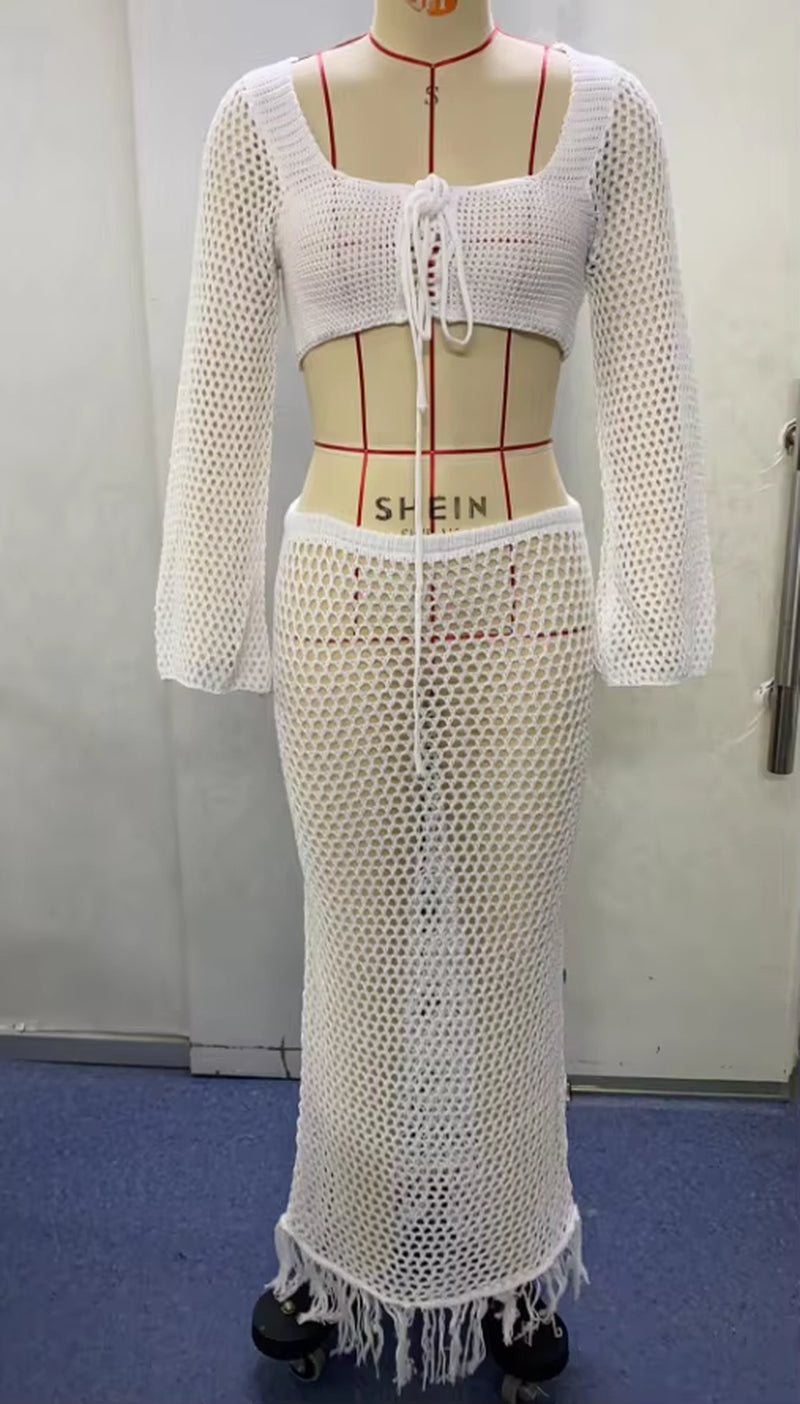 STOCK Crop Long Sleeve Tops Bandage High Waist Skirts Set Party Wear Ladies Crochet Two Piece Set Hollow Out Cover Up