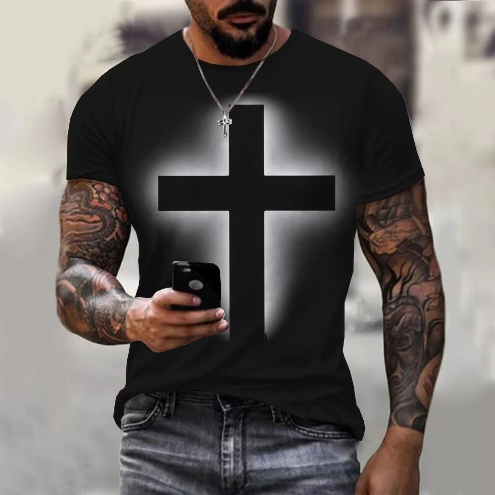 Christian Mens Clothing T Shirts Oversized T Shirt Christ Cross 3D Print O-Neck Tops Streetwear Vintage Hip Hop Short Sleeve
