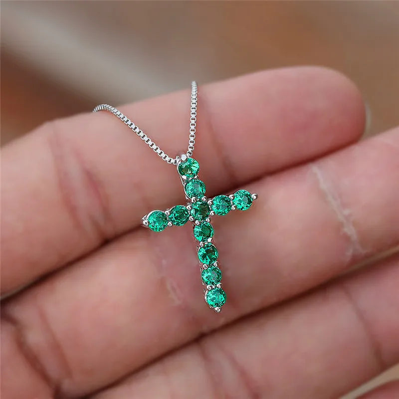 Luxury Female Crystal Blue Purple Pendant Necklace Charm Silver Color Chain Zircon Stone Wedding Jewelry for Women