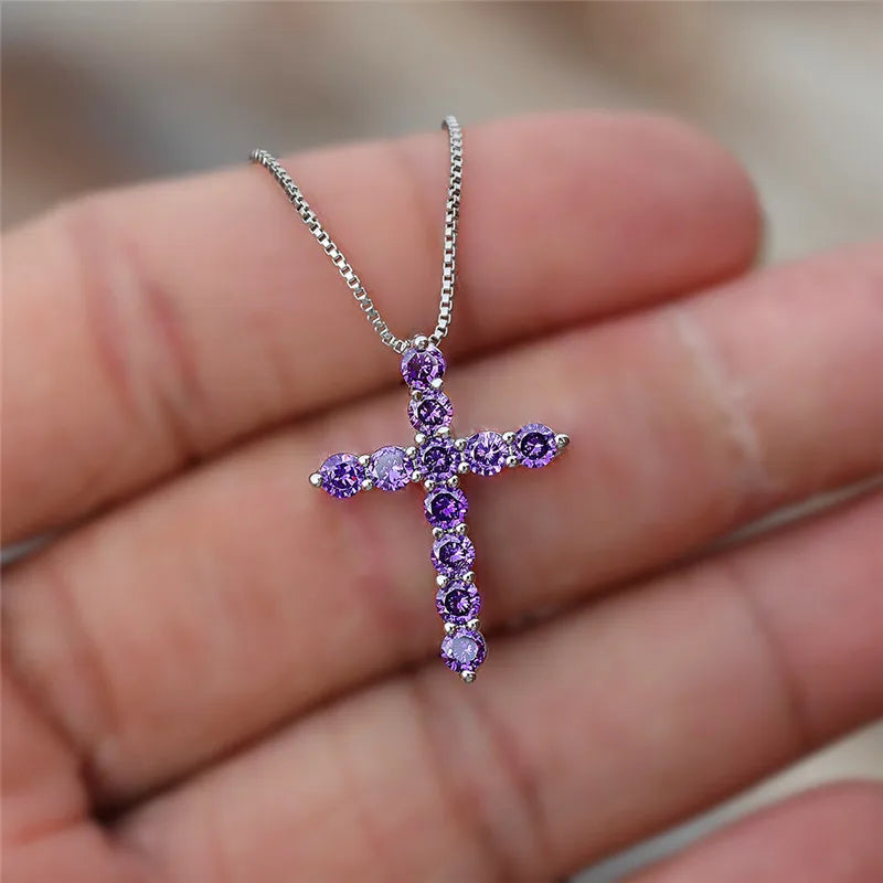 Luxury Female Crystal Blue Purple Pendant Necklace Charm Silver Color Chain Zircon Stone Wedding Jewelry for Women