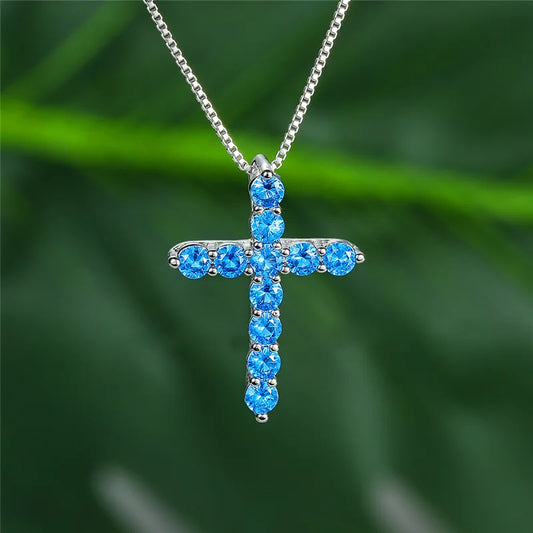 Luxury Female Crystal Blue Purple Pendant Necklace Charm Silver Color Chain Zircon Stone Wedding Jewelry for Women