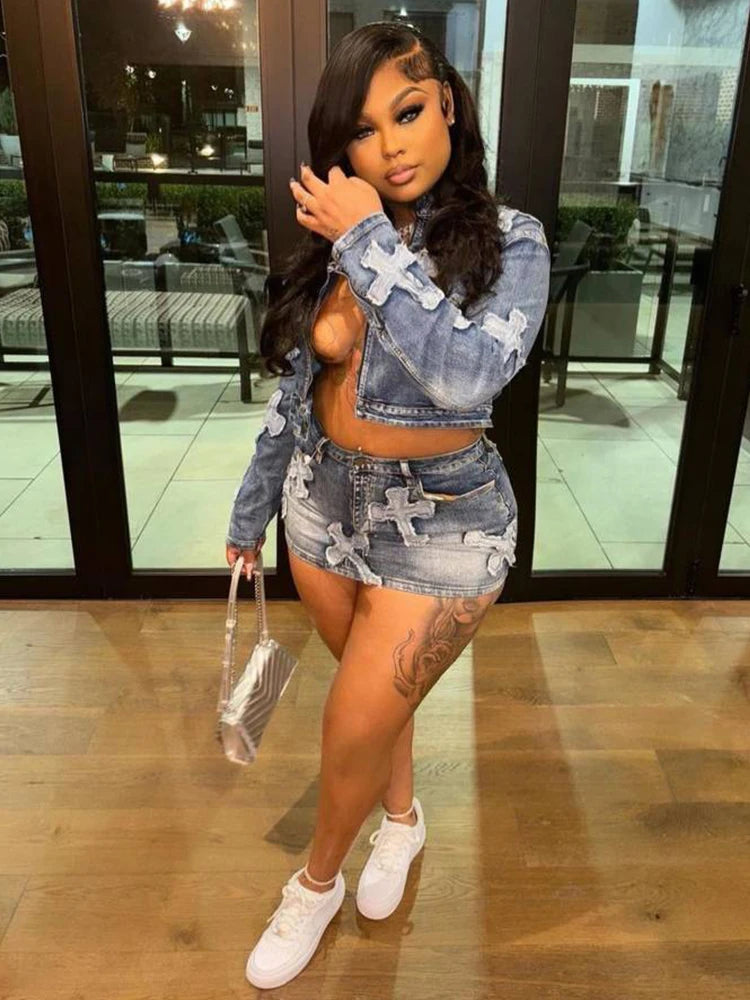 Denim Cross Skirt Set