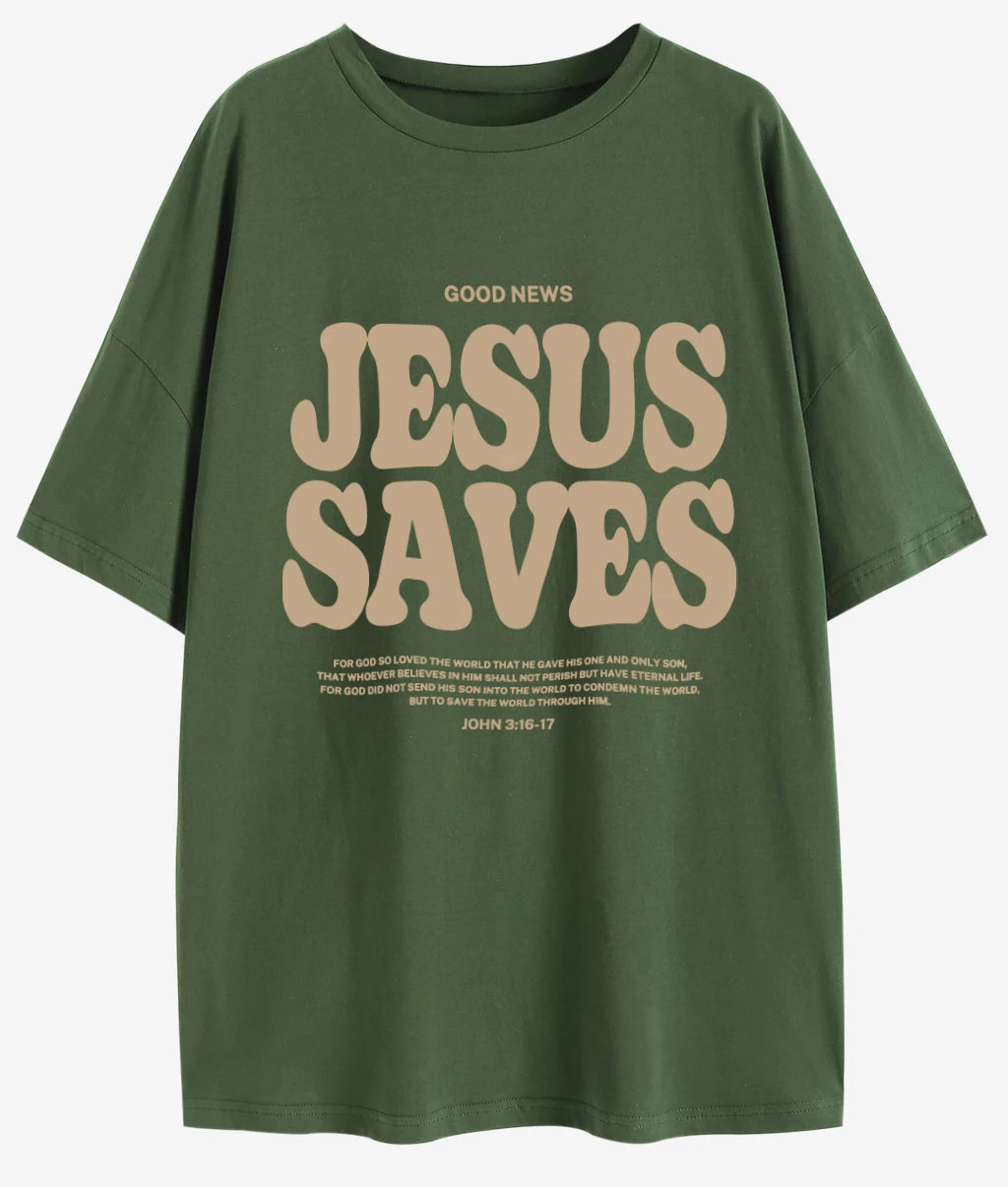 Good News “JESUS SAVES” Oversized Christian T-Shirt (John 3:16)