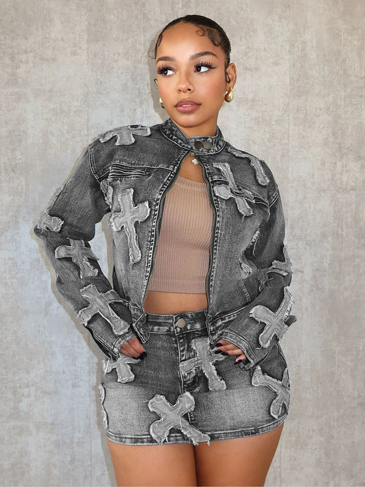 Denim Cross Skirt Set