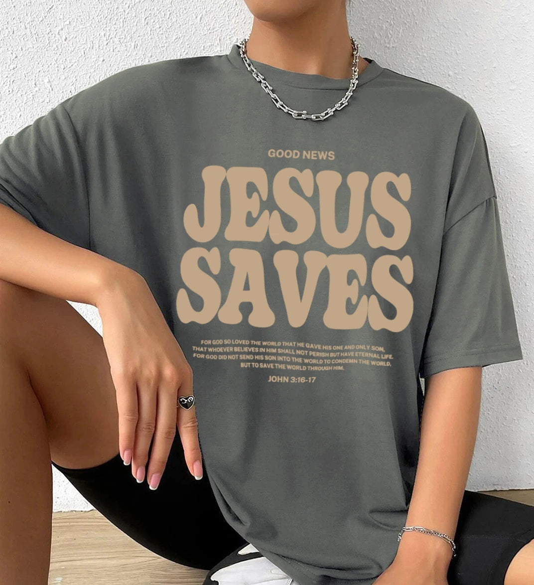 Good News “JESUS SAVES” Oversized Christian T-Shirt (John 3:16)