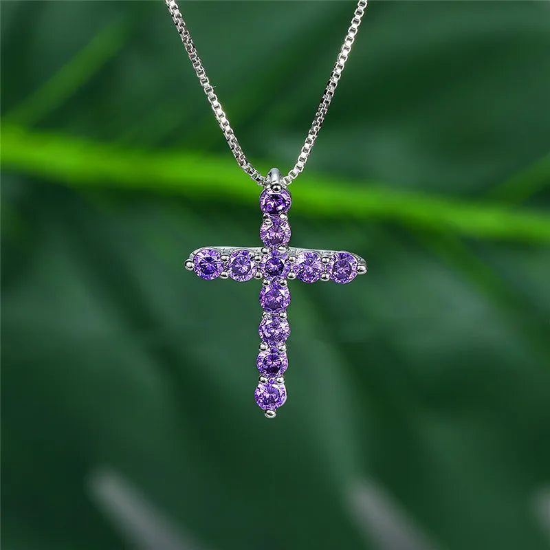 Luxury Female Crystal Blue Purple Pendant Necklace Charm Silver Color Chain Zircon Stone Wedding Jewelry for Women