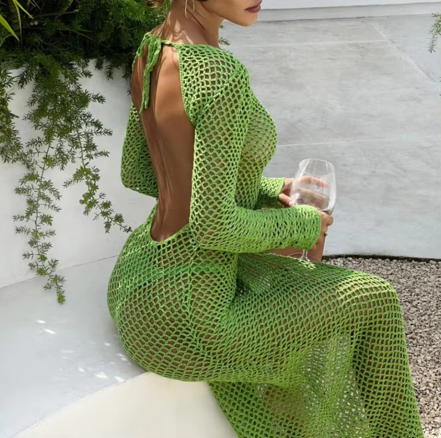 STOCK 3Colors Fishing Net Open Back Bandage Woven Full-Length Sleeve Beach Dress See through Coverup