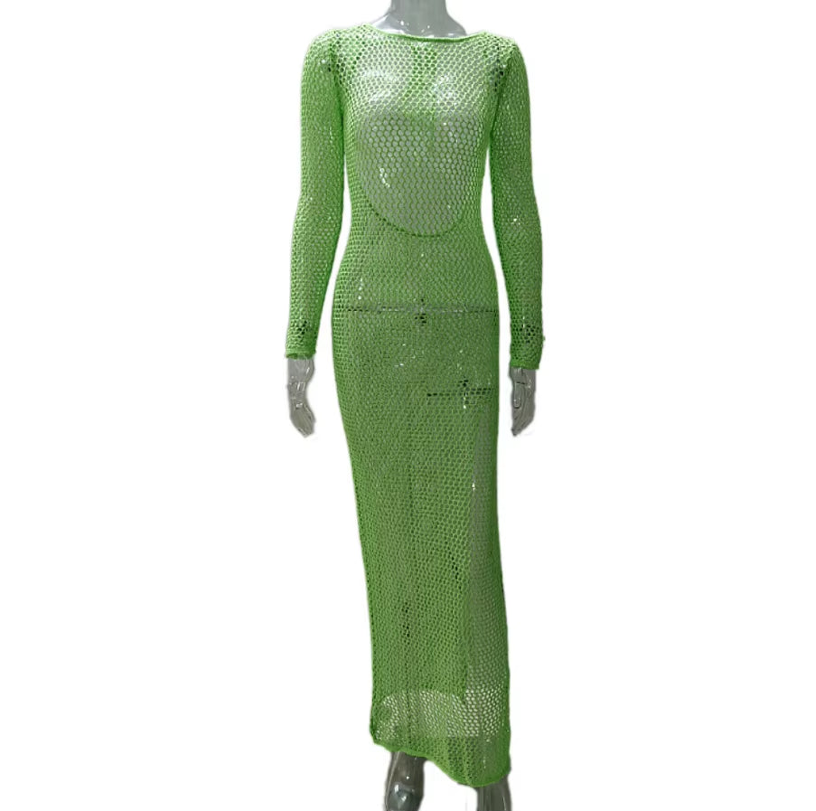 STOCK 3Colors Fishing Net Open Back Bandage Woven Full-Length Sleeve Beach Dress See through Coverup