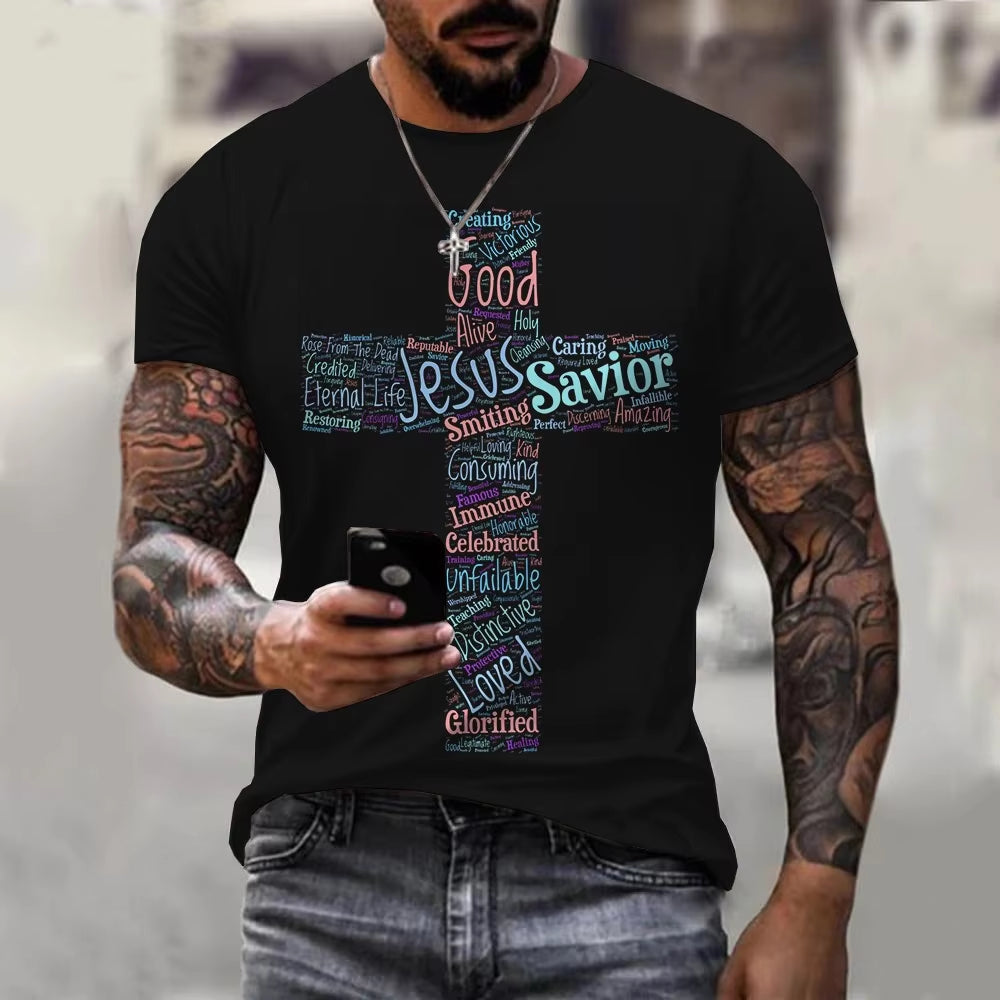 Christian Mens Clothing T Shirts Oversized T Shirt Christ Cross 3D Print O-Neck Tops Streetwear Vintage Hip Hop Short Sleeve