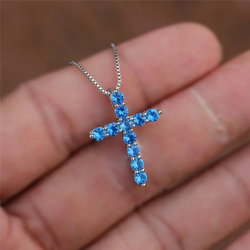 Luxury Female Crystal Blue Purple Pendant Necklace Charm Silver Color Chain Zircon Stone Wedding Jewelry for Women